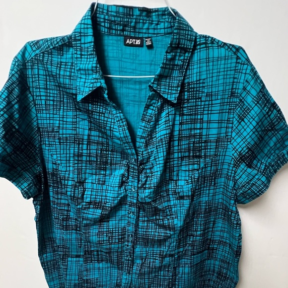 APT 9 LADIES TURQUOISE & BLACK PATTERNED SHORT SLEEVE SIZE 3X BLOUSE. LIKE NEW - Picture 8 of 9